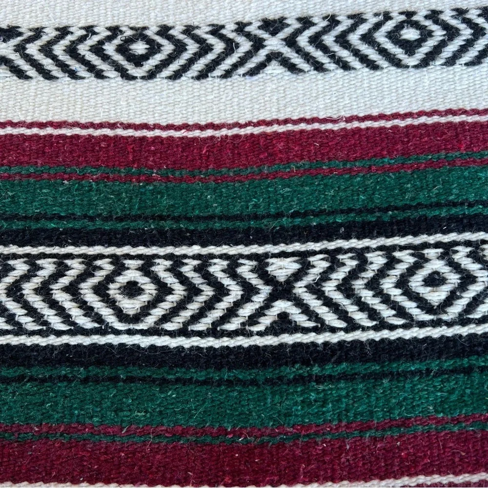 Mexican Serape Woven Falsa Blanket Fringed Red White Green Black 62x76 Soft GUC